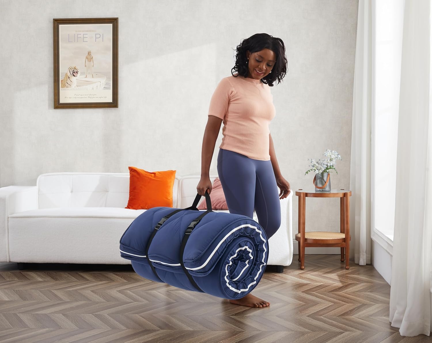 Jamdok 4Inch Floor Mattress,3 Layer Structure Cot Mattress Topper,Gel Memory Foam Futon Mattress,Removable Thickened Cover,Portable Roll Up Sleep Pad (Blue, 72X24)