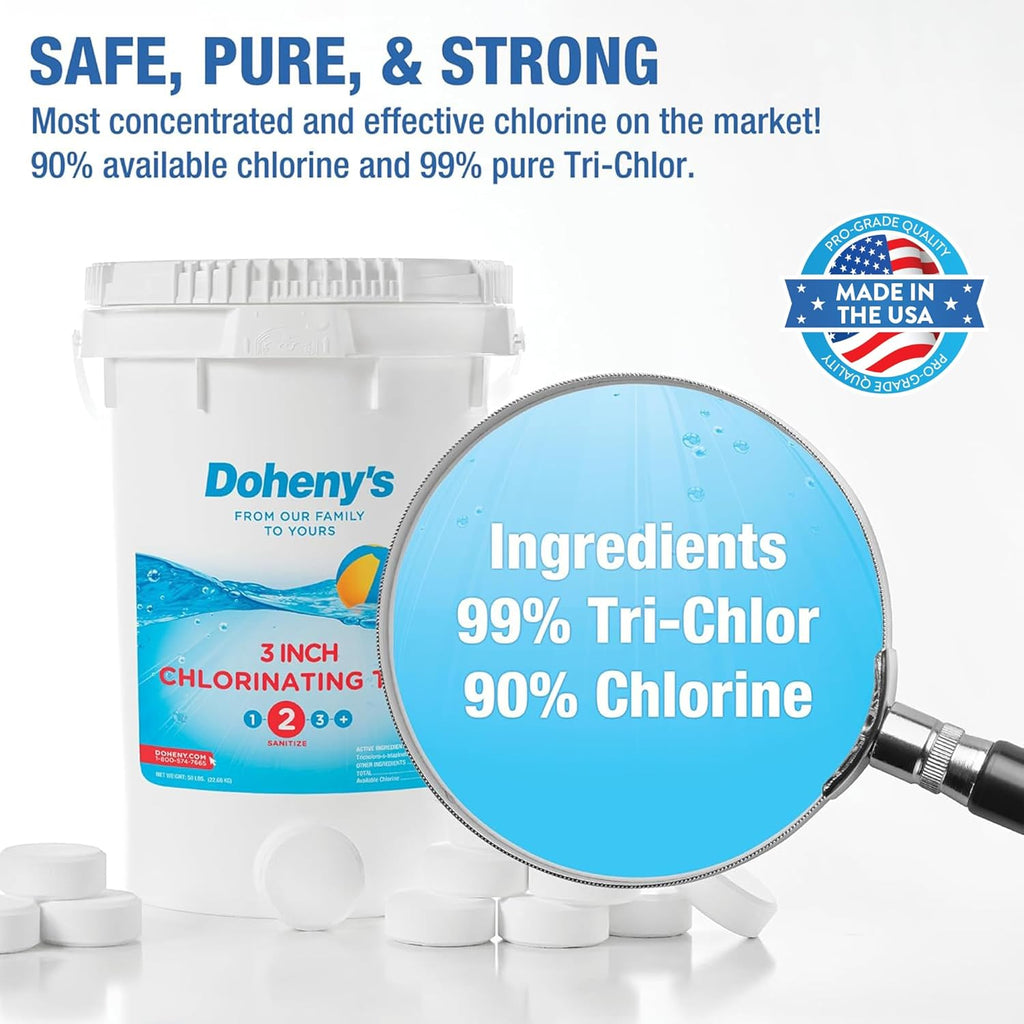 Doheny's 3-Inch Stabilized Chlorine Tablets for Sanitizing Swimming Pools | 99% Pure Tri-Chlor, 90% Available Chlorine | Long-Lasting, UV-Protected, Slow-Dissolving | Individually Wrapped 50lb Bucket