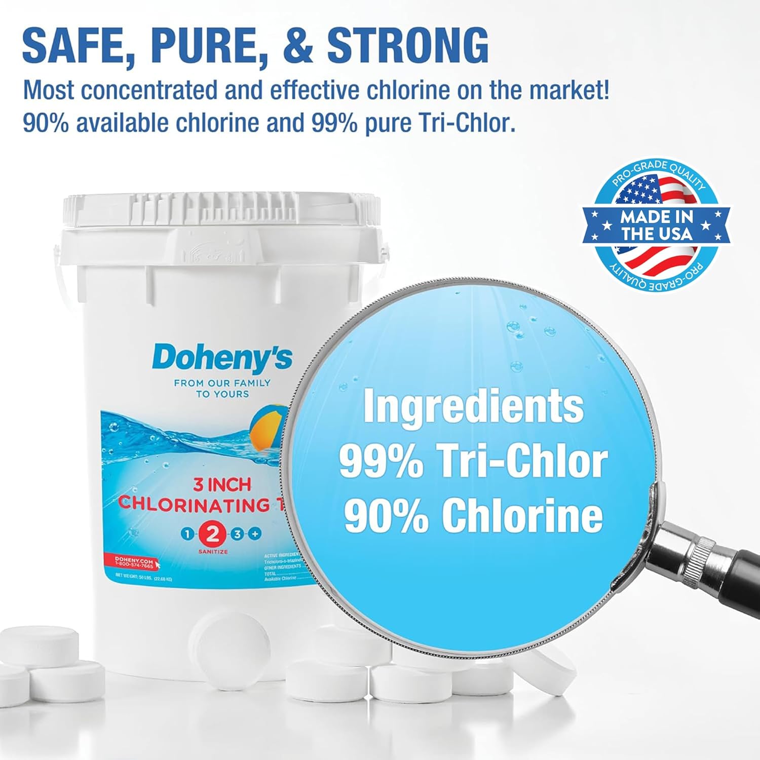 Doheny's 3-Inch Stabilized Chlorine Tablets for Sanitizing Swimming Pools | 99% Pure Tri-Chlor, 90% Available Chlorine | Long-Lasting, UV-Protected, Slow-Dissolving | Individually Wrapped 50lb Bucket