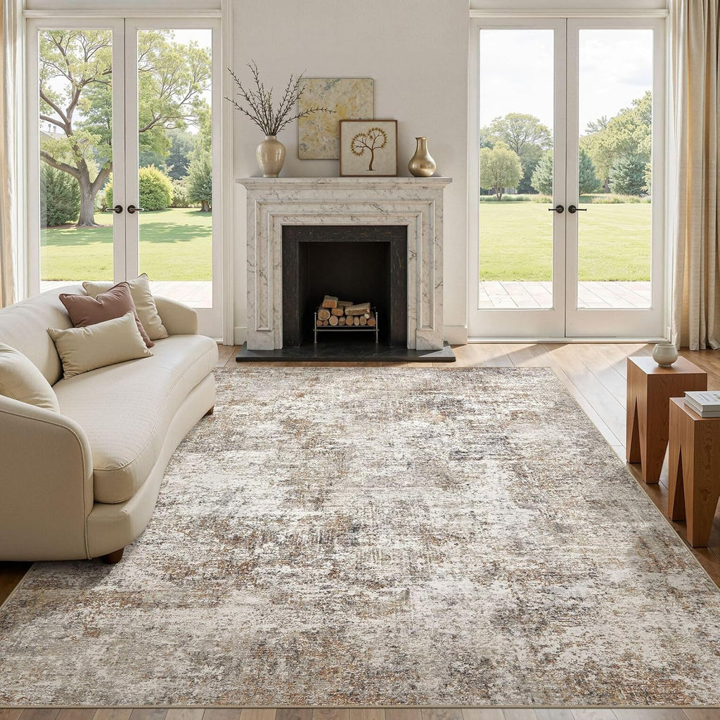 10x14 Area Rugs for Living Room: Washable Large Neutral Abstract Rug Soft Non Slip Stain Resistant Low Pile Indoor Carpet for Bedroom Dining Room Nursery Office Playroom - Brown Grey