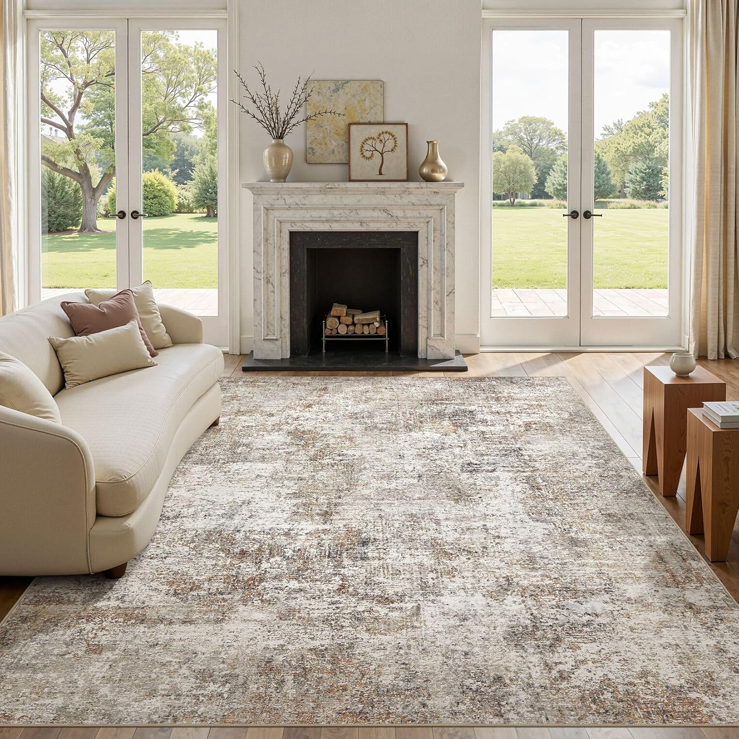 10x14 Area Rugs for Living Room: Washable Large Neutral Abstract Rug Soft Non Slip Stain Resistant Low Pile Indoor Carpet for Bedroom Dining Room Nursery Office Playroom - Brown Grey