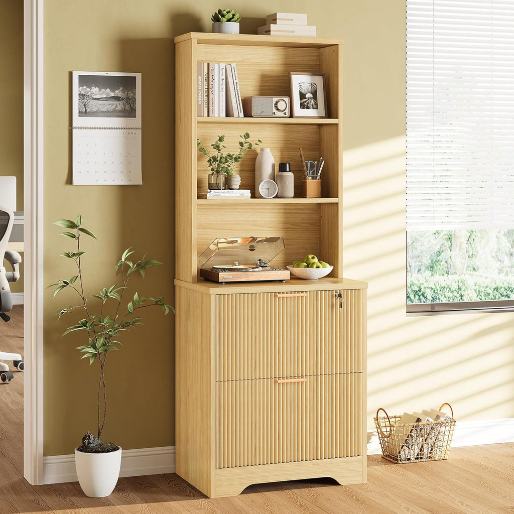 SEDETA 2 Drawer File Cabinet with Lock, Wood Filing Cabinet fits Letter, Legal, A4 Size, Hanging File Folders, Farmhouse File Cabinets for Home Office with Adjustable Storage Shelf, Natural Oak