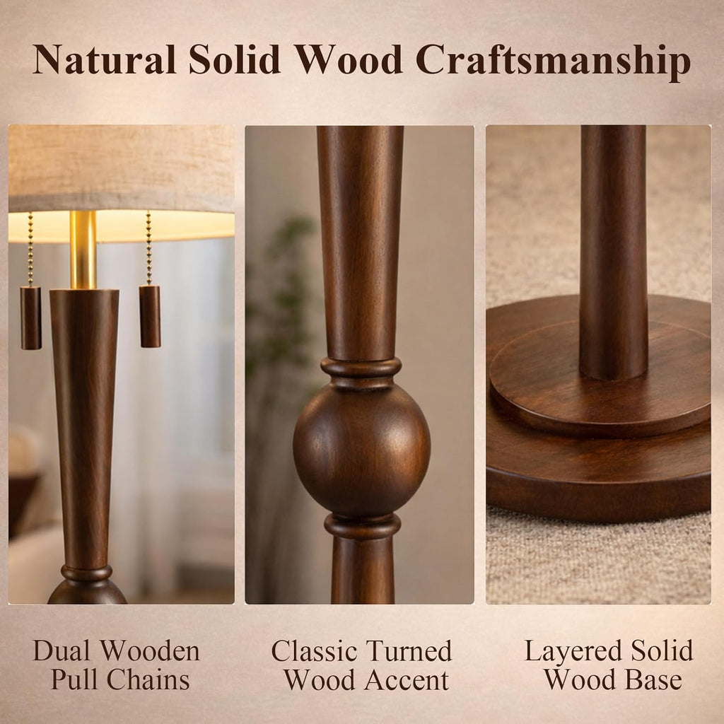 MOFFE 62.8" Solid Wood Floor Lamp,Tall Standing Floor Lamp with 2-Light Pull Chain, 17" Linen Drum Shade, Sculptural Wood Base & Stem,Transitional Floor Lamp for Living Room Bedroom, Includes 2 Bulbs