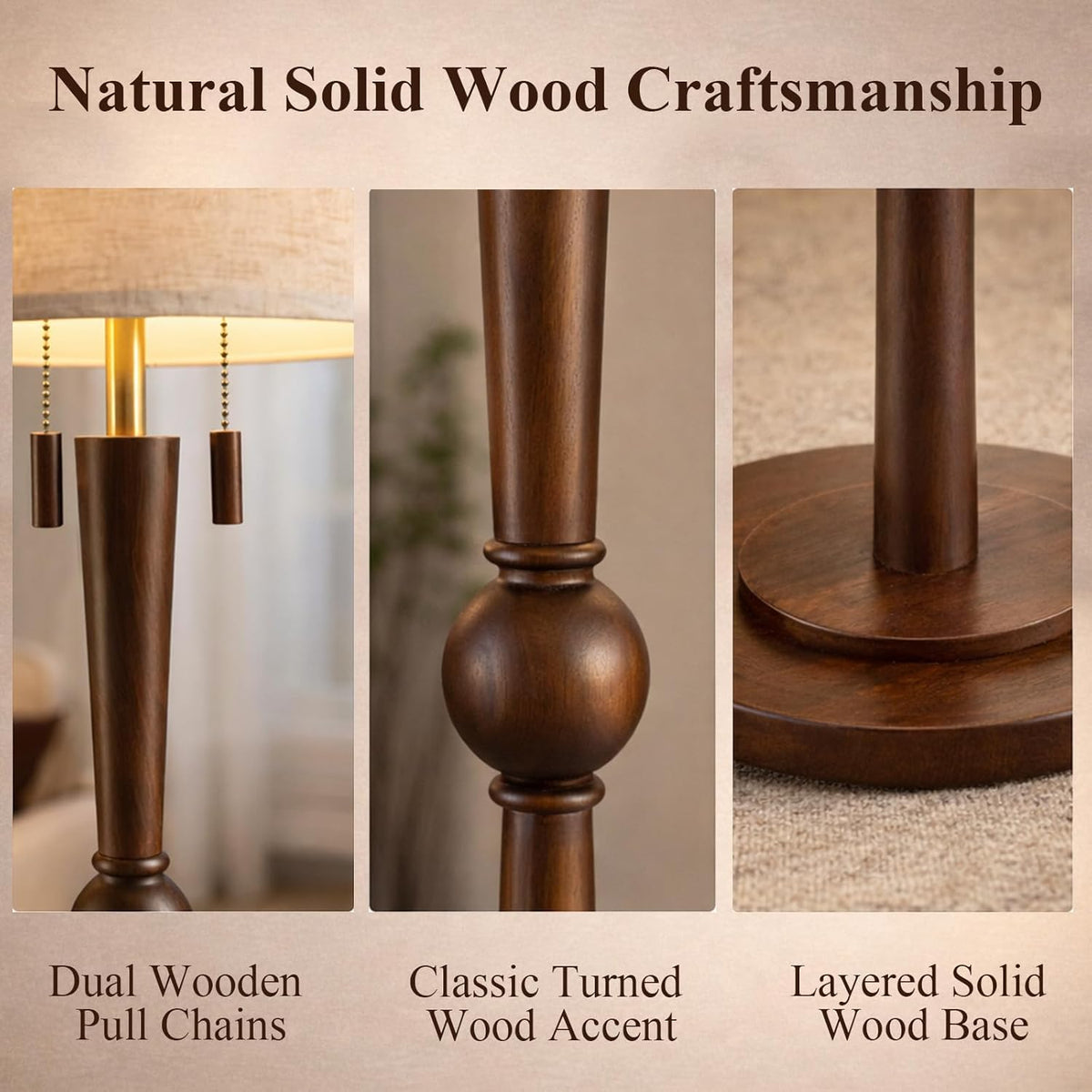 MOFFE 62.8" Solid Wood Floor Lamp,Tall Standing Floor Lamp with 2-Light Pull Chain, 17" Linen Drum Shade, Sculptural Wood Base & Stem,Transitional Floor Lamp for Living Room Bedroom, Includes 2 Bulbs