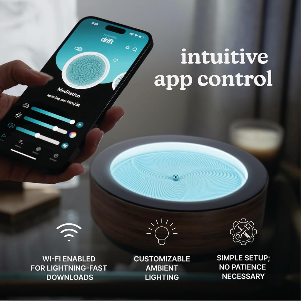 Homedics Drift 10” Wood Sand Table – App Controlled Moving Sand Art for Desk, Automated Sandscape Display with LED Lights, Quiet Metal Sphere, Modern Zen Relaxation Home Office Decor (Black Walnut)