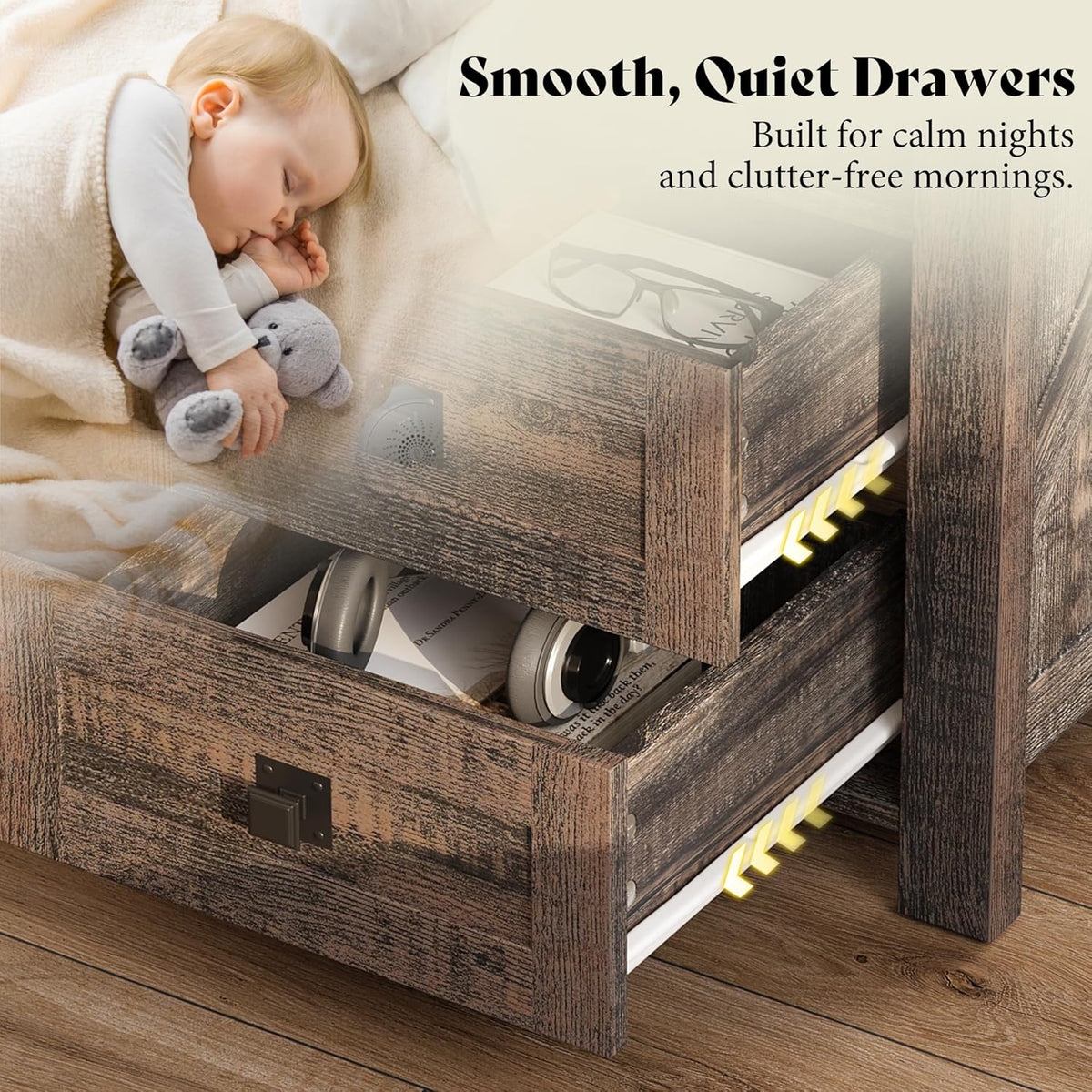 AMERLIFE Farmhouse Nightstand Set of 2, Wooden Side Table with Drawers & Open Shelf, Narrow/Small Bedside End Table, Wood Night Stand for Bedroom/Dorm/Home Office, Rustic Black Oak