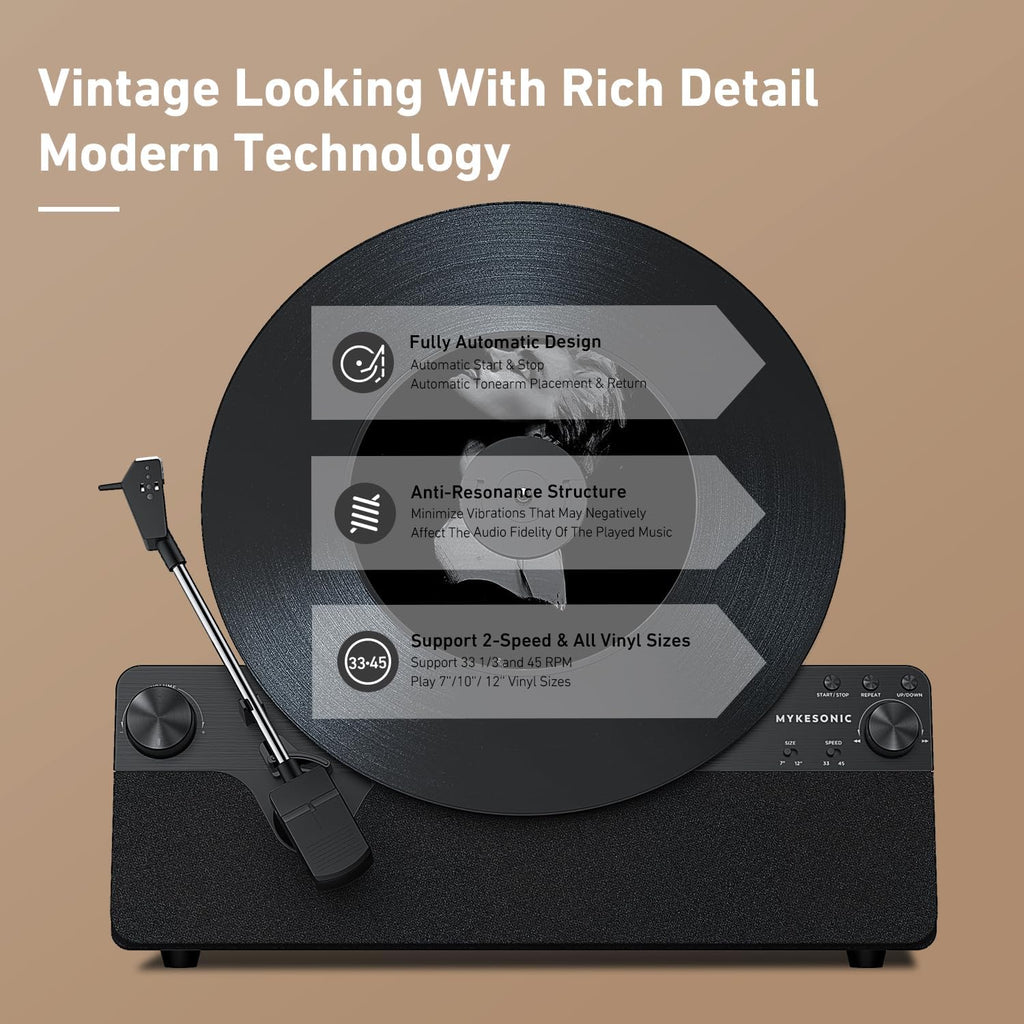 Vertical Automatic Record Player Bluetooth, MYKESONIC Belt Drive Vinyl Turntable, Magnetic AT-3600L Cartridge, Bluetooth in & Out, Hi-Fi Stereo Speakers, Aux in Headphone, RCA Out, Anti-Resonance