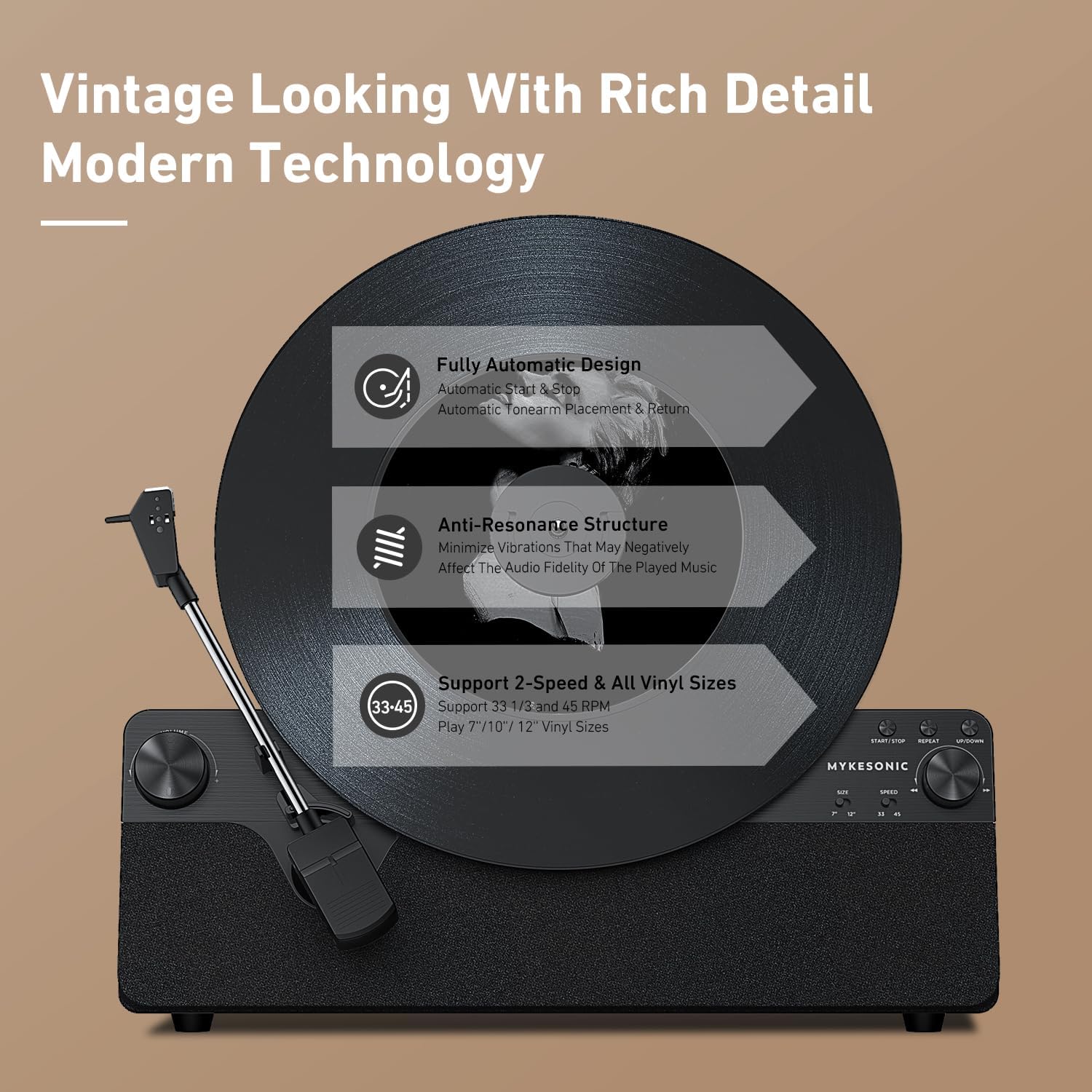Vertical Automatic Record Player Bluetooth, MYKESONIC Belt Drive Vinyl Turntable, Magnetic AT-3600L Cartridge, Bluetooth in & Out, Hi-Fi Stereo Speakers, Aux in Headphone, RCA Out, Anti-Resonance