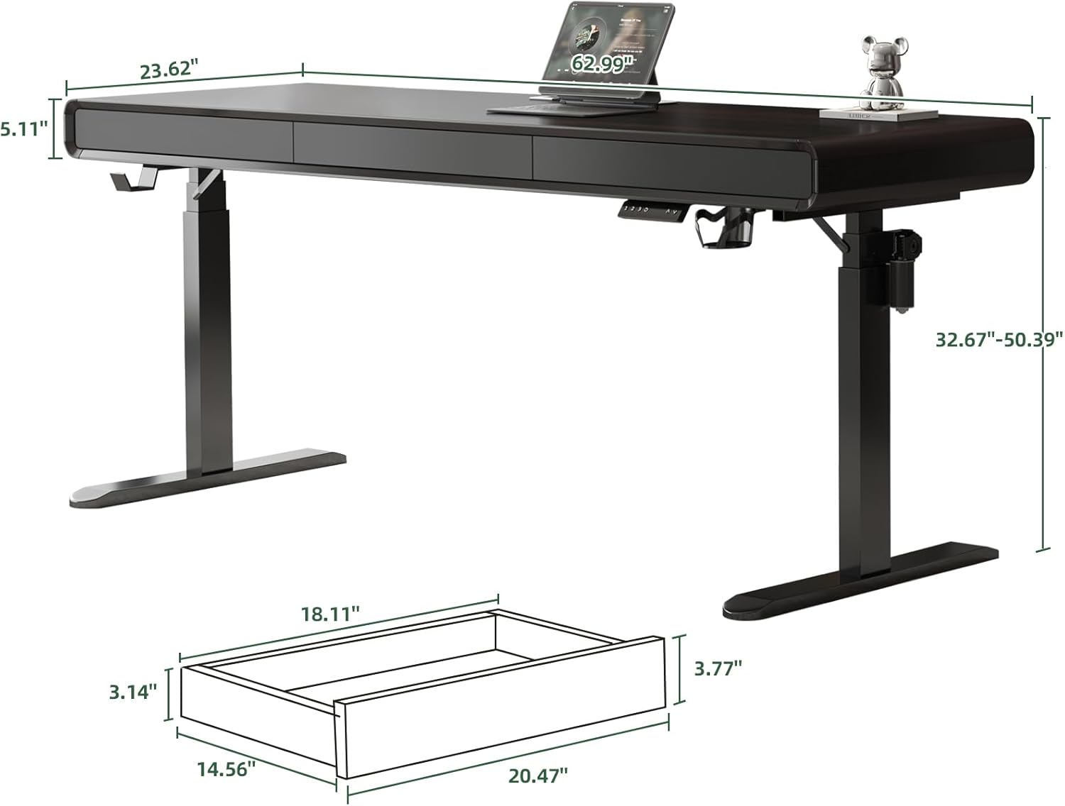 63" Height Adjustable Electric Standing Desk with Charging Station, 3 Drawers Computer Desk with Storage, 3 Memory Preset, High Weight Capacity Office Table, Wide Ergonomic Sit Stand Desk for Office