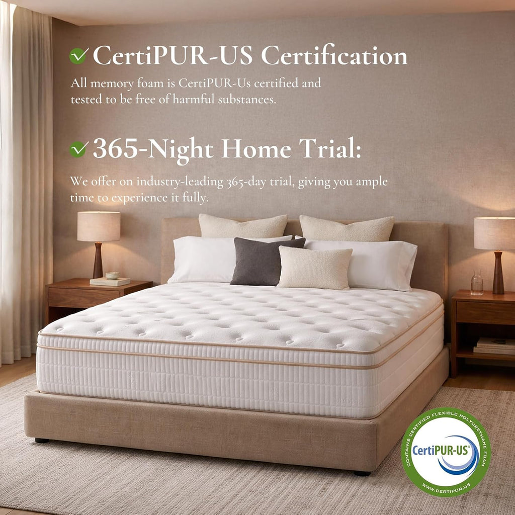 Queen Size Mattress 14 Inches, Medium Firm Hybrid with Memory Foam & Individually Wrapped Coils, CertiPUR-US Certified, Fiberglass-Free Design