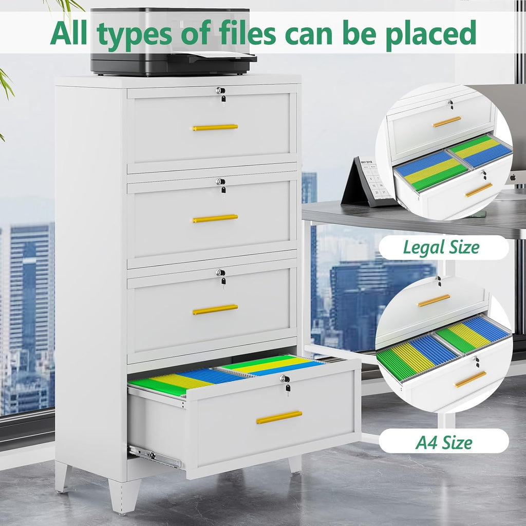 Metal Lateral File Cabinet with Lock,4 Drawer Steel Wide Filing Organization Storage Cabinets,Office Filing Cabinet for Legal/Letter/A4/F4 Size with Hanging Files&Key,Lockable Cabinets for Home Office