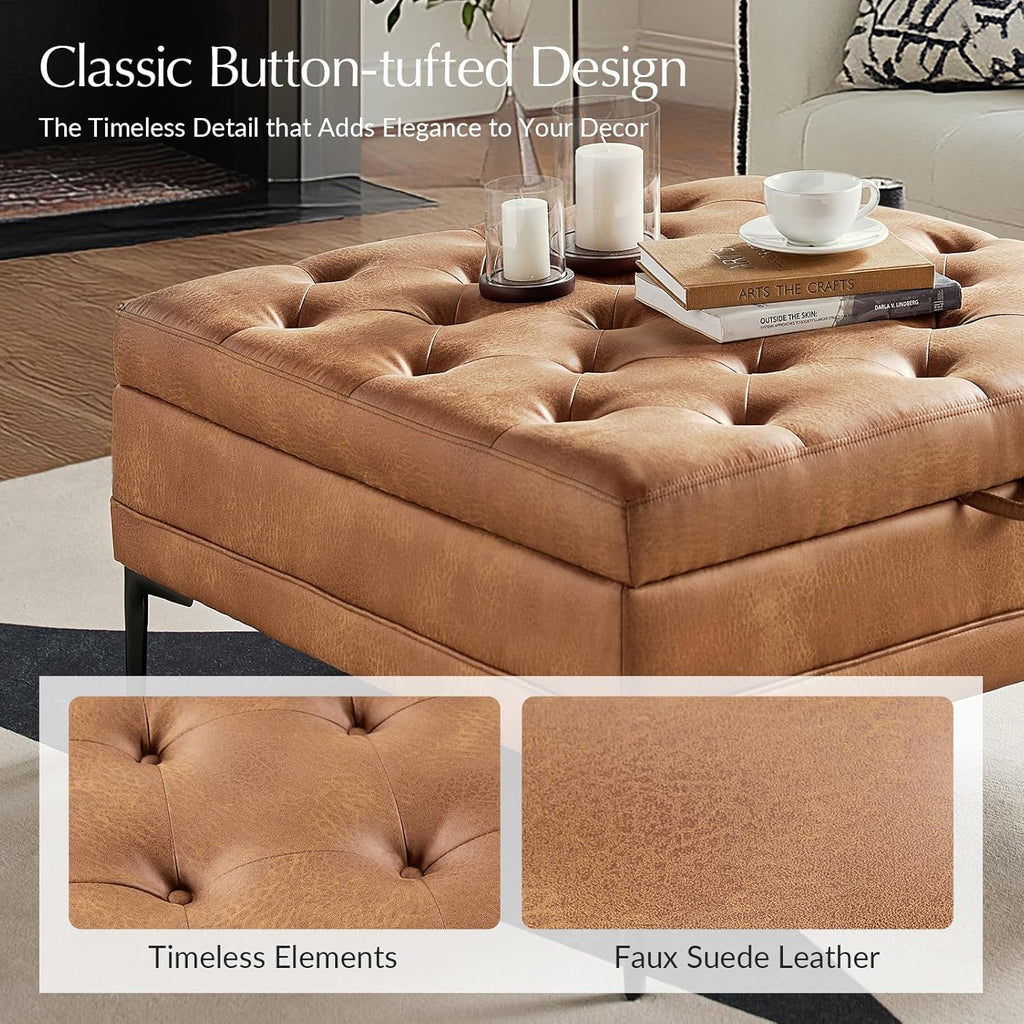 HULALA HOME Faux Leather Coffee Table, 36.5" Square Storage Ottoman with Metal Legs, Button-Tufted Coffee Table with Storage for Living Room, Camel