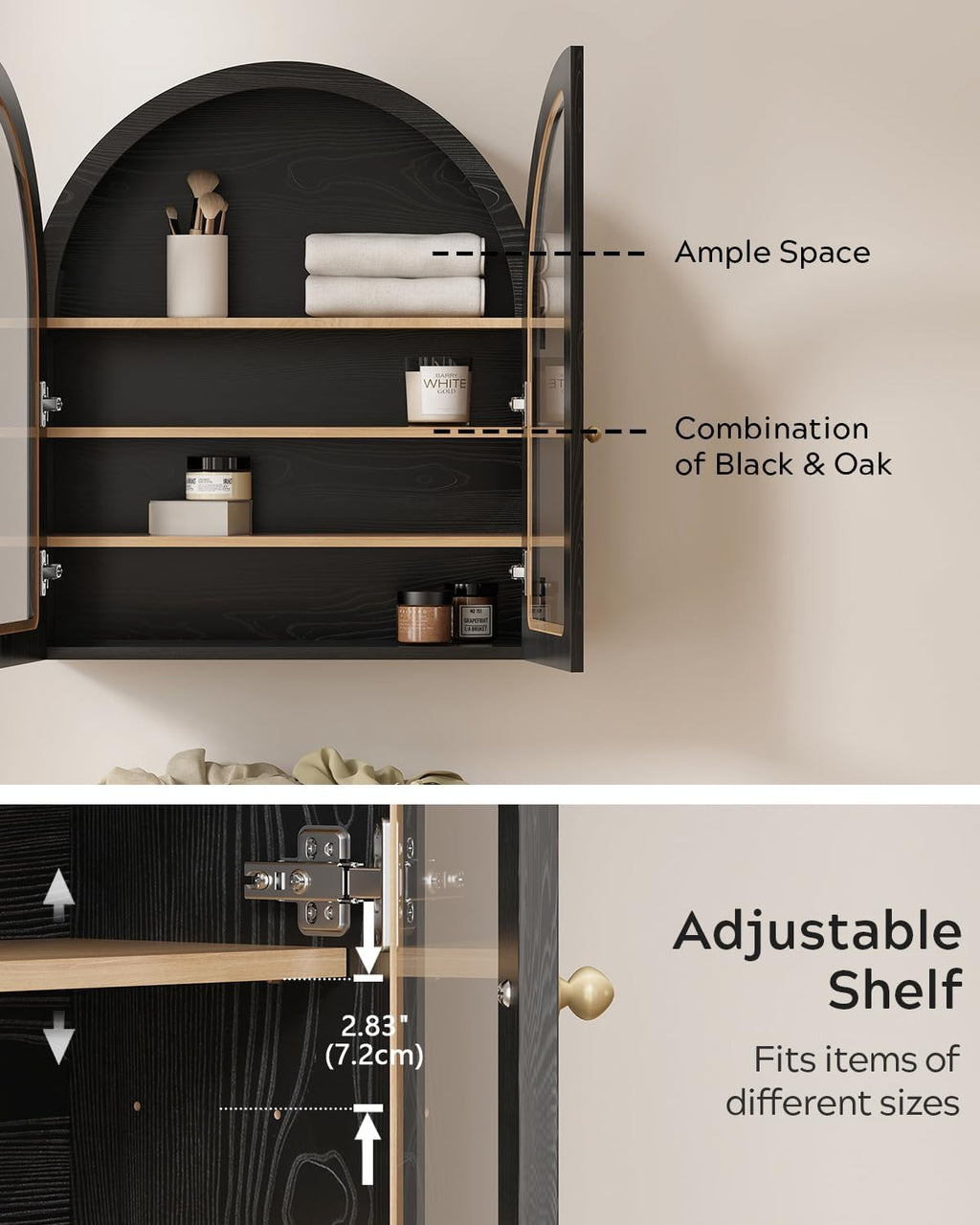 EYYTHUNG Arched Wall Cabinet, Large Bathroom Medicine Cabinet Wall Mounted Cupboard, Modern Floating Storage Cabinet with Acrylic Door Adjustable Shelf, Wood Organizer (Black-Oak)