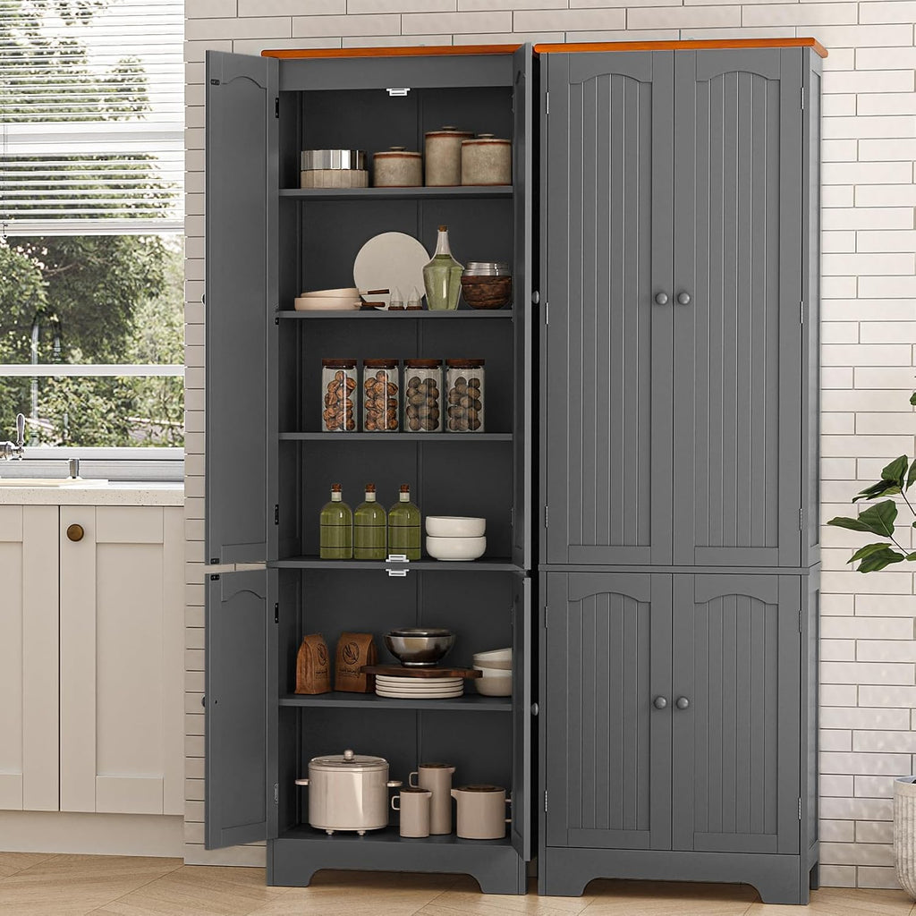 4 Door Pantry -72.2'' Kitchen Cabinet with Adjustable Shelves, Freestanding Cupboard, Tall Storage Cabinets for Dining Room, Living Room, Laundry, Bathroom, Entryway, Grey