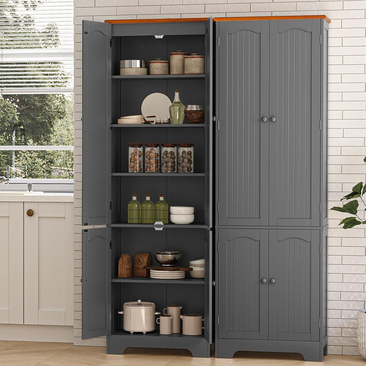 4 Door Pantry -72.2'' Kitchen Cabinet with Adjustable Shelves, Freestanding Cupboard, Tall Storage Cabinets for Dining Room, Living Room, Laundry, Bathroom, Entryway, Grey