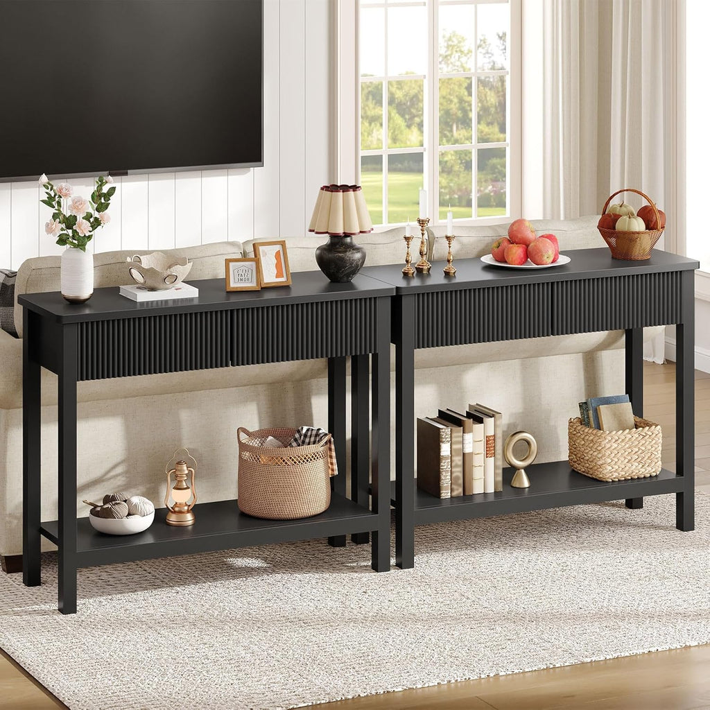 HOOBRO 39.4" Console Table with 2 Wavy Drawers, Narrow Long Entryway Table with Storage Shelf, 2 Tier Modern Sofa Table Wooden Behind Couch Table, Hallway Table for Living Room, Black BK89XG01N1