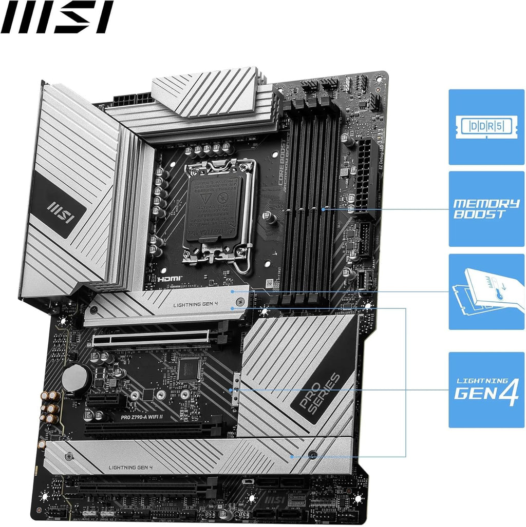 MSI PRO Z790-A WiFi II Motherboard, ATX - Supports Intel Core 14th, 13th & 12th Gen Processors, LGA 1700-80A SPS VRM, DDR5 Memory Boost 7800+MT/s/OC, PCIe 5.0 x16, 4 x M.2 Gen4, Wi-Fi 6E, 2.5G LAN