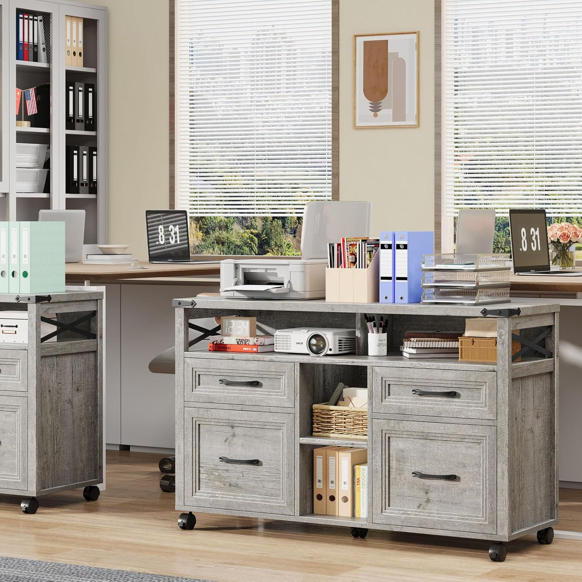 Vabches Farmhouse Filing Cabinet with Adjustable Shelf & Wheels, Lateral File Cabinets, Office Storage Cabinet with 4 Drawers and Open Storage Space, for Hanging Files Letter/A4, for Home Office.Grey