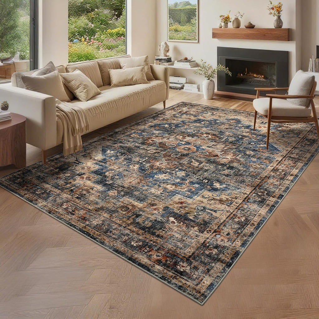 GarveeHome 8x10 Washable Vintage Living Room Area Rug: Vintage Machine Washable Area Rug for Living Room Indoor Large Non-Slip Bedroom Carpet Low Pile Stain Resistant Dining Room Carpet Blue&Brown