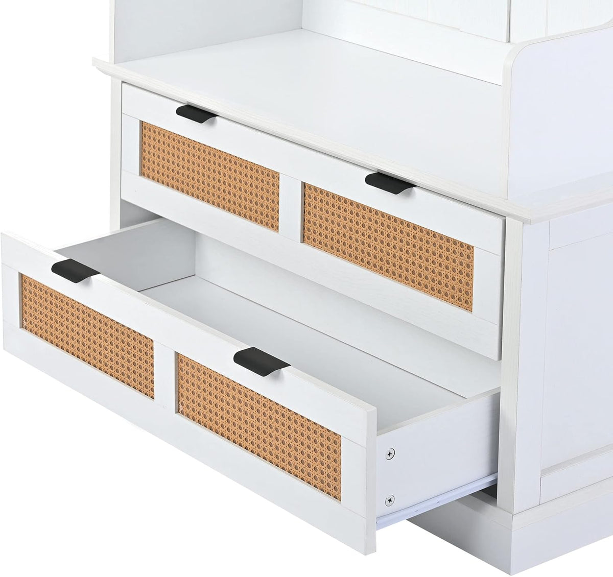 RUNNA Wooden Hall Tree with 5 Metal Hooks and 2 Large Drawers,Organizer with Bench,Top Shelves and Metal Handles,For Hallway Entryway Mudroom Use (White@Hooks)