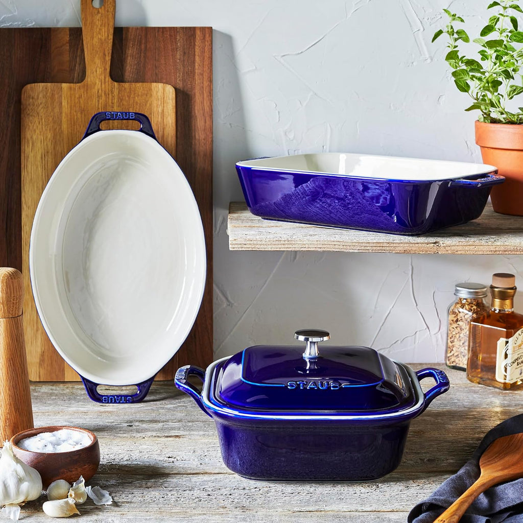 Staub Ceramic 4-pc Baking Pans Set, Casserole Dish with Lid, Brownie Pan, Dark Blue