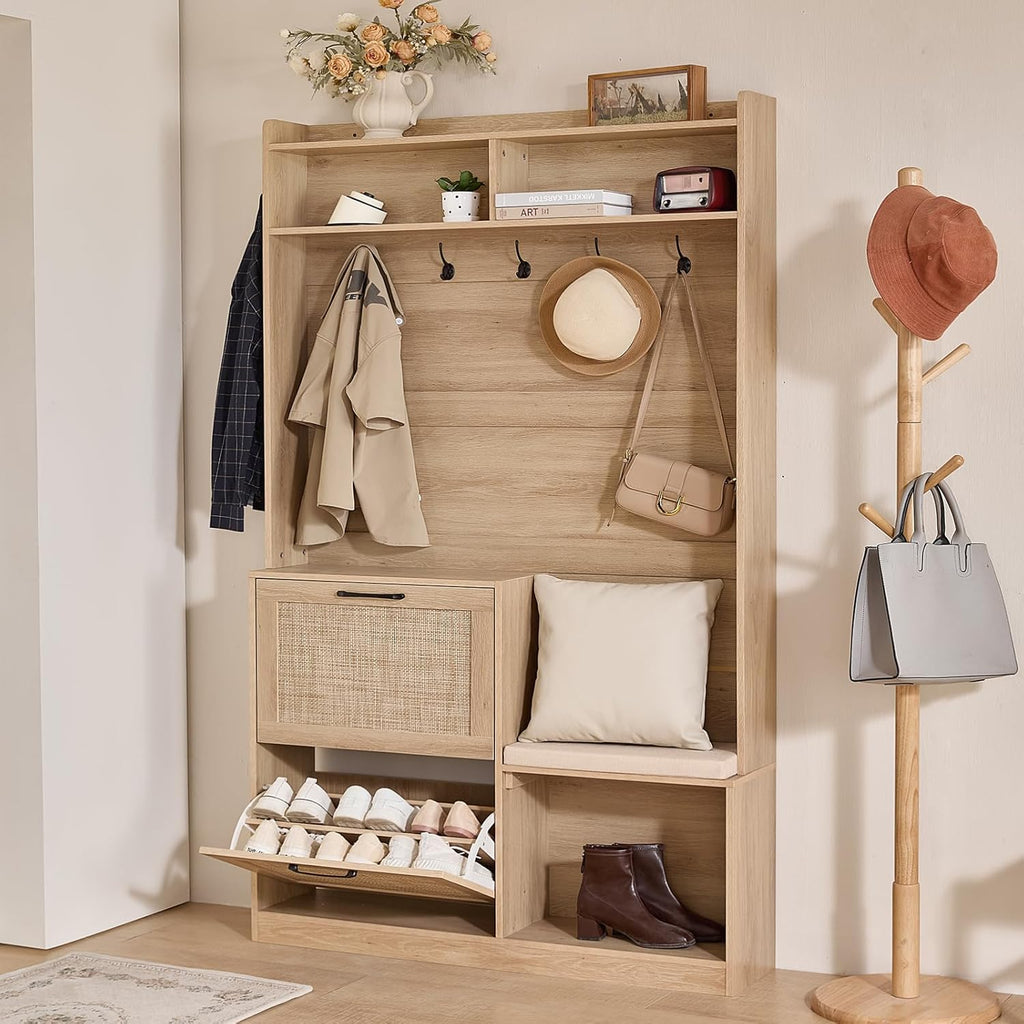 LEYAOYAO 78" Tall Boho Hall Tree with Bench & Shoe Storage, 4-in-1 Mudroom Rattan Coat Rack with 2 Flip Drawers & Cushioned Stool, Entryway Hall Tree Cabinet with 6 Hooks for Garage, Natural Oak