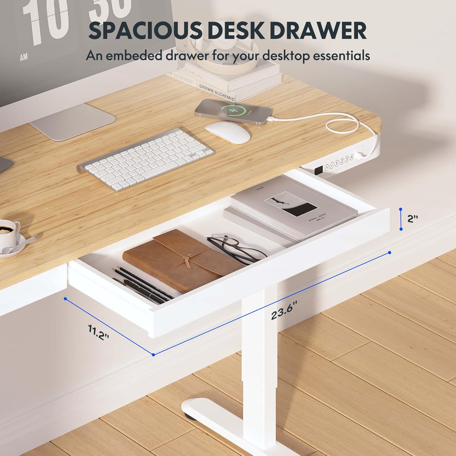 FLEXISPOT Comhar Electric Standing Desk with Drawer Desktop & Adjustable Frame w/USB Charge Ports (Bamboo-Look Laminate/White, Wood)