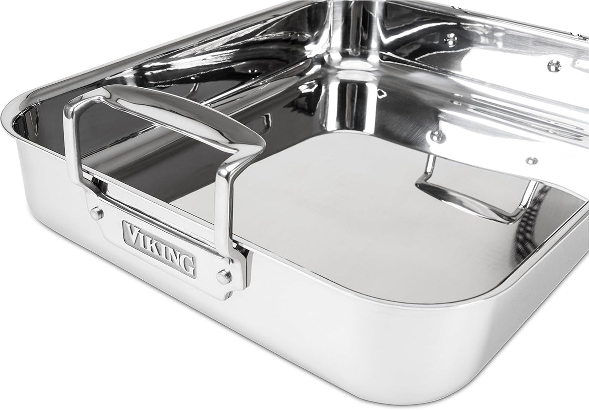 Viking 3-Ply Stainless Steel Roasting Pan with Non Stick Rack, 16 x 13 Inch Kitchen Cookware, Great for Turkey, Dishwasher and Oven Safe, Induction Ready, Silver