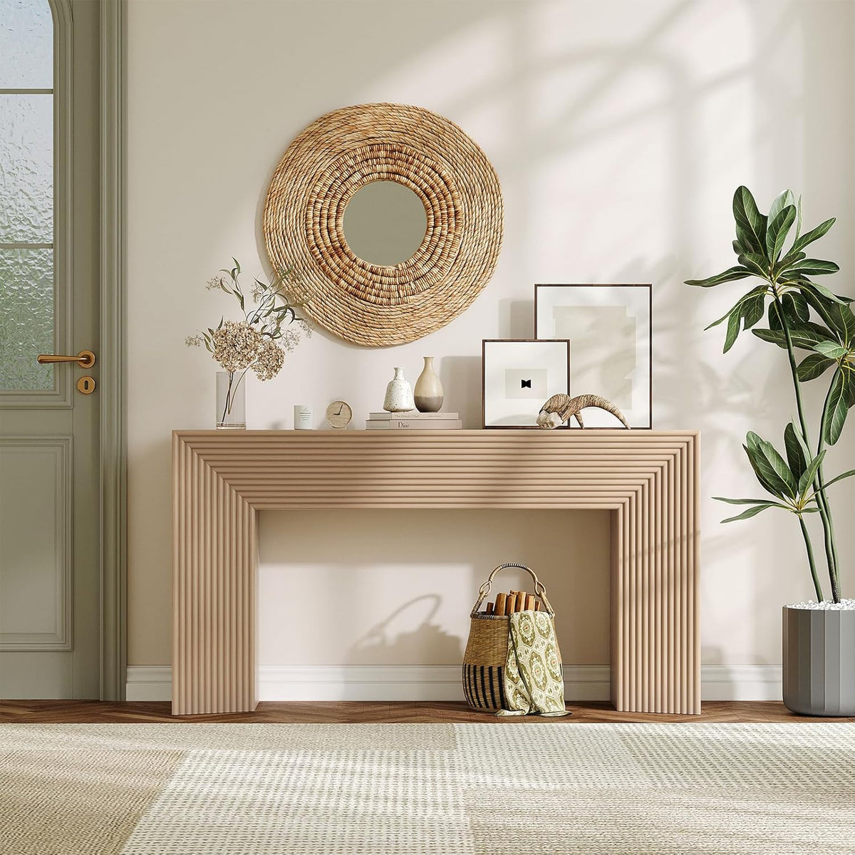 55-Inch Wood Entryway Table with Storage, Narrow Long Sofa Table Behind Couch, Fluted Console Table for Entryway, Hallway, Living Room, Accent Table for Decoration and Organization, Natural Wood