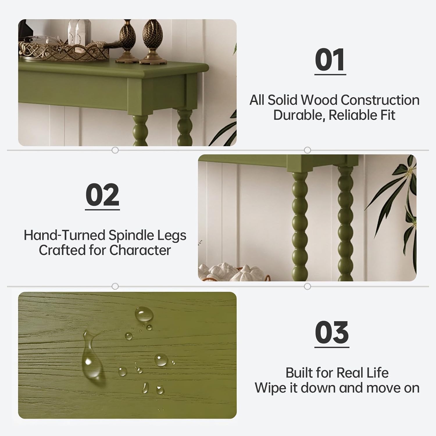 45'' Vintage Console Table, 100% Solid Wood Tall Entryway Table with 2-Tier Storage for Entrance, Hallway, Foyer, Living Room, Narrow Couch Table Behind Sofa, Minimal Assembly, Green