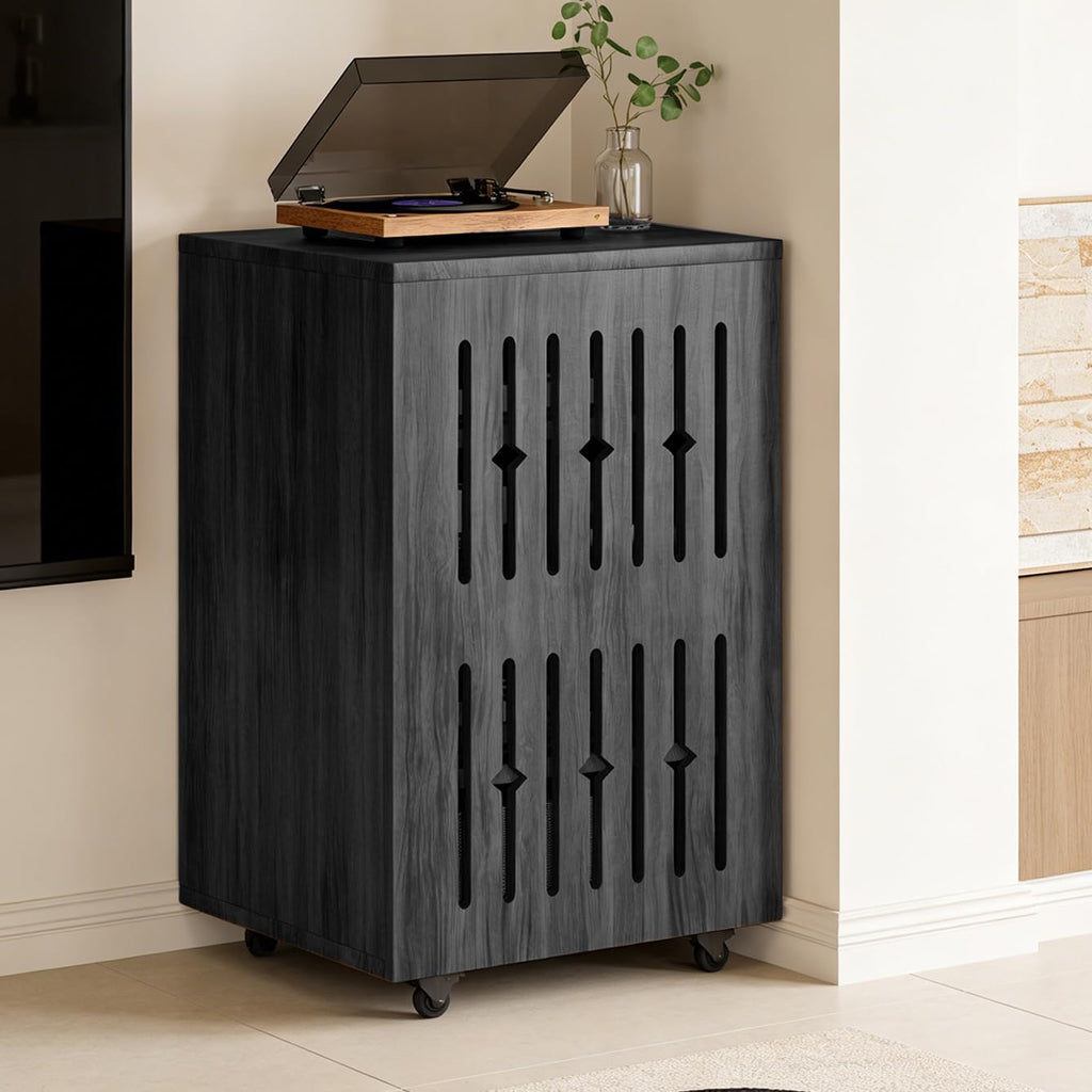 5-Tier Stereo Components Cabinet Wooden Audio Equipment Cabinet with Grille Door Closed Entertainment Stand with Adjustable Shelves AV Media Vintage Rack On Wheels for Living Gaming Room (Black)