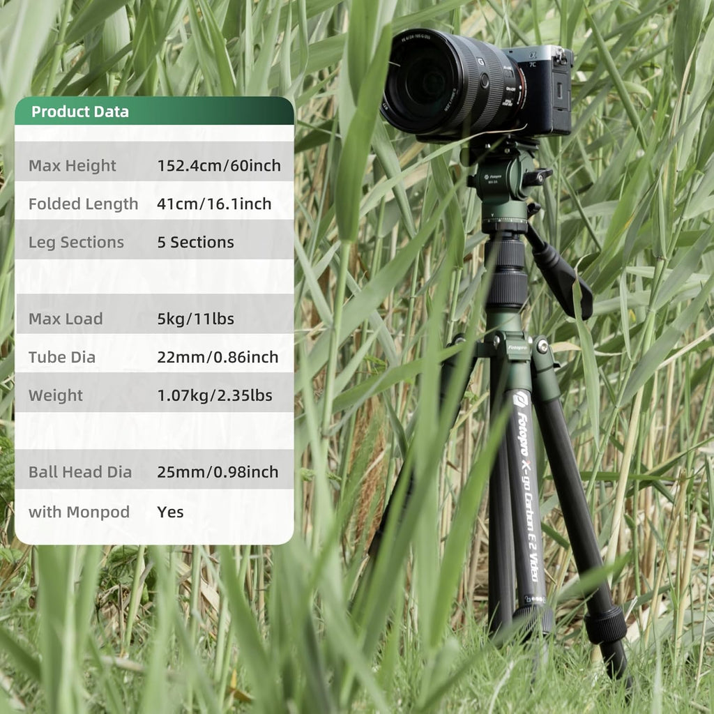 Fotopro 59" Carbon Fiber Travel Tripod with Fluid Head Detachable Monopod with Quick Release Plate and Bag Camera Tripod Load up to 8KG/17.63lbs X-go E2 Video Green