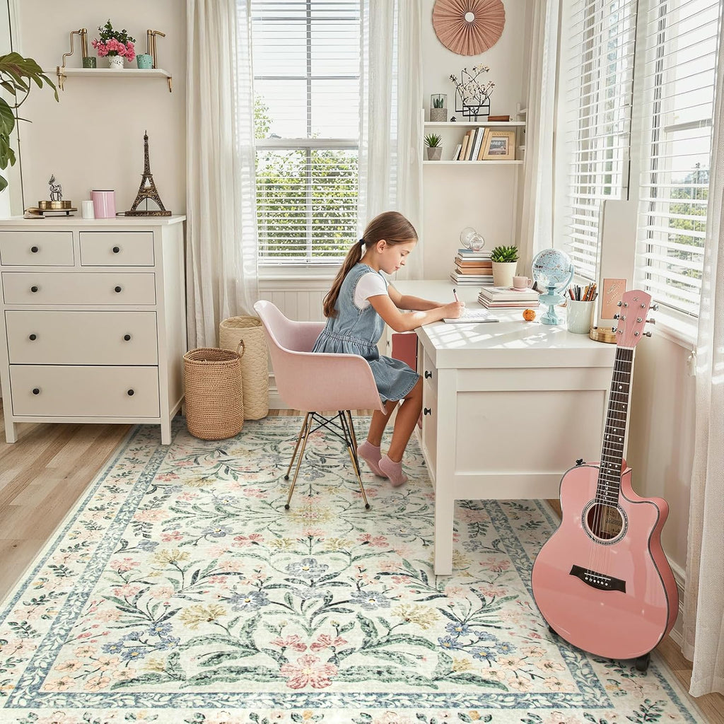 Lahome Sylvie Boho Rugs for Living Room, Washable Large 8 x 10 Area Rugs for Bedroom Non Slip, Soft Ultra-Thin Distressed Floral Throw Carpet for Office Dining Room, Cream/Multi