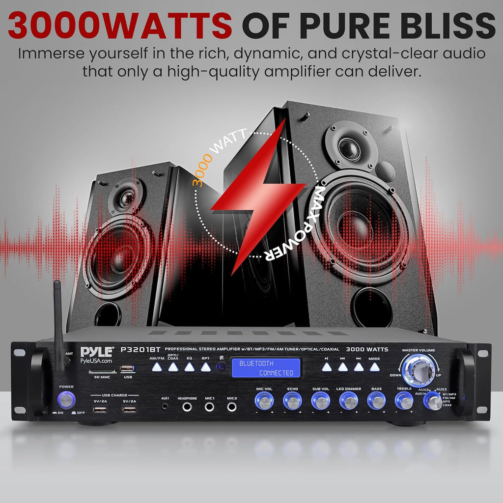 Pyle Multi Channel Bluetooth Preamplifier Receiver - 3000 Watt Audio Home Speaker Sound Stereo w/Radio, USB, Headphone, AUX, RCA, Dual Microphone w/Echo, LED, Wireless Streaming - P3201BT