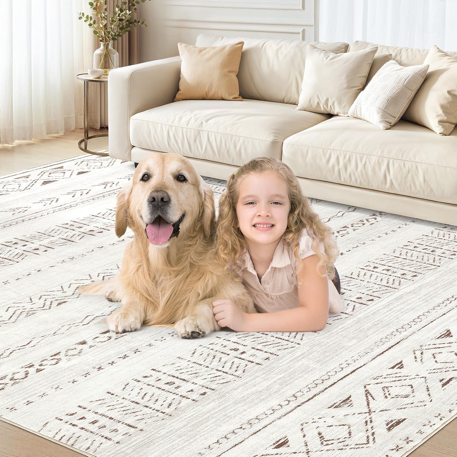 cotiled 9x12 Area Rug Living Room: Washable Boho Rugs with Non Slip Backing Large Soft Indoor Stain Resistant Carpet for Bedroom Farmhouse Dining Room Lightweight Home Decor L Brown/Cream