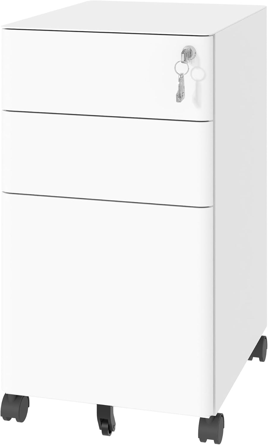 3 Drawer File Cabinet with Lock, Fully Assembled Rolling Printer Stand Under Desk, White Filing Cabinet for Legal/Letter Size, Home Office, 17.7" D x 11.8" W x 24.0" H