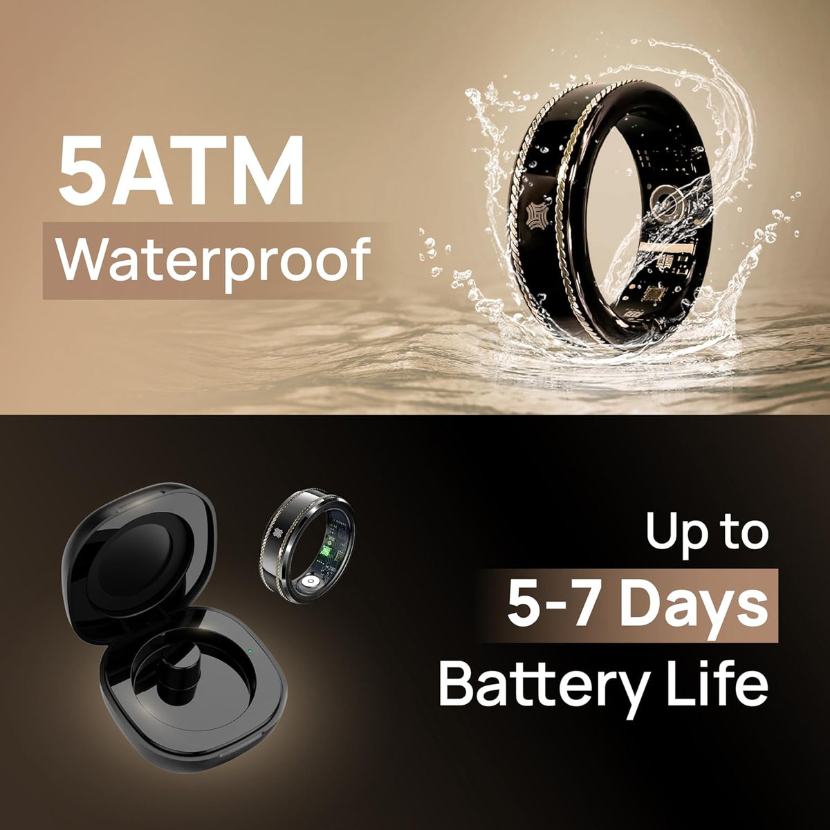 Pachira Smart Ring, Dual 14K Gold Inlays, Fitness/Sleep/Stress/Heart Rate/ SpO2 Tracker, No App Subscription, 7-Day Battery Life, Size Before You Buy, Black (US Size 7.25)