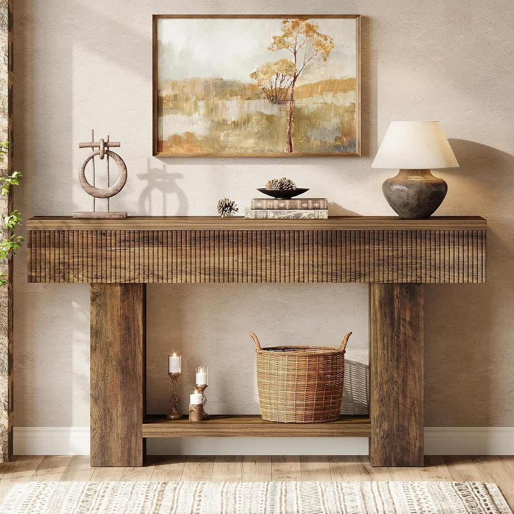 LITTLE TREE 55-Inch Entryway Table with Storage, Farmhouse Console Table for Hallway, 2-Tier Sofa Table for Behind Couch, Rustic Wood Console Table for Living Room & Foyer