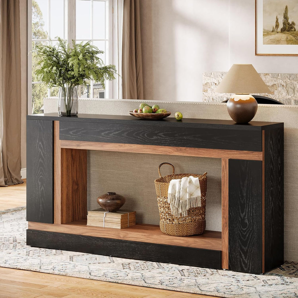 Tribesigns 63-Inch Long Console Table for Entryway, 2-Tier Narrow Wooden Rectangular Sofa Table Behind Couch for Hallway, Entrance, Foyer, Front Door, Living Room, Black & Walnut