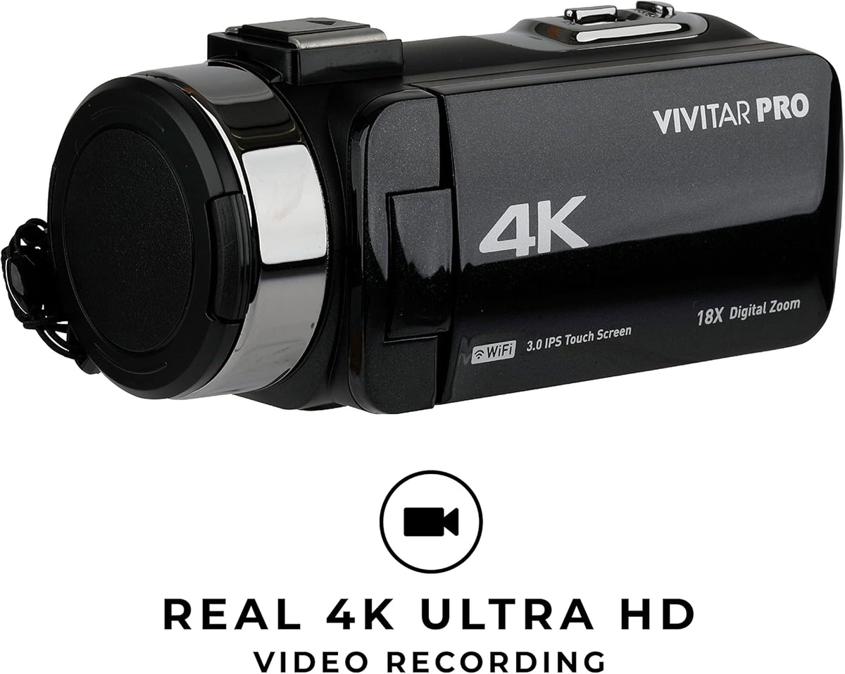 Vivitar 4K Video Camera, Wi-Fi Ultra HD Camcorder with 18x Digital Zoom, 3” IPS Touchscreen Video Recorder with Night Vision, Vlogging Camera with 3.5mm Microphone Jack, Rechargeable, SD Card Slot