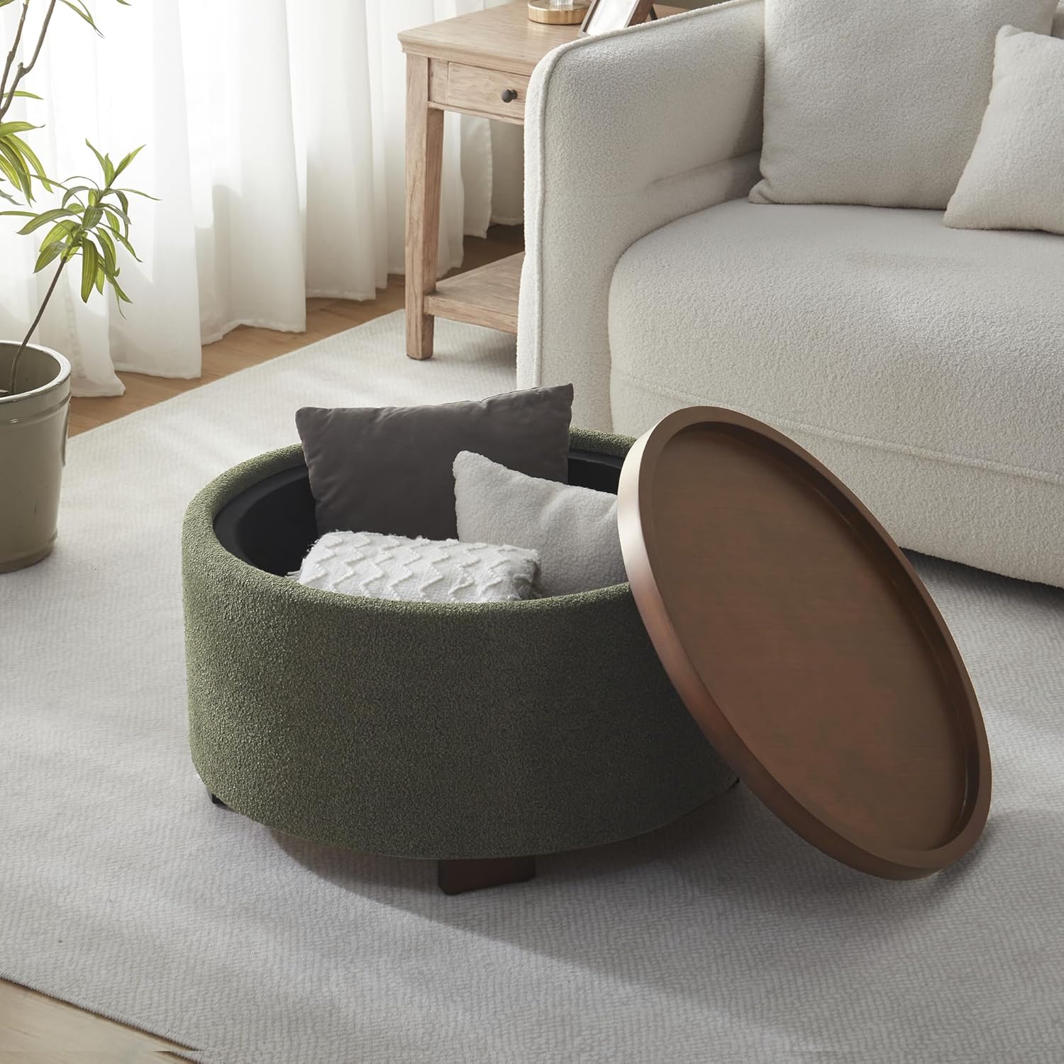 Zihanhome 30 Inch Round Storage Ottoman Coffee Table, Modern Boucle Ottoman with Lift-Off Lid and Solid Wood Legs for Living Room, Bedroom, Corners, Apartments (Green)