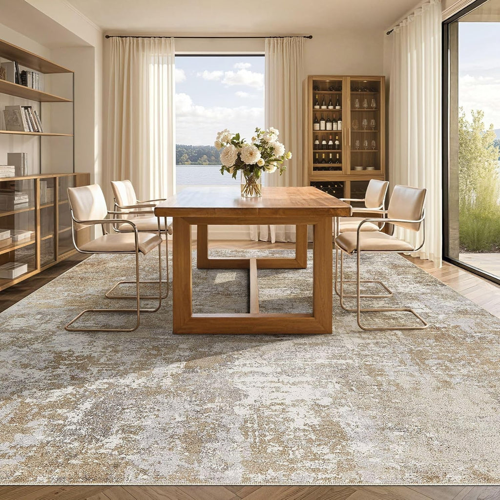 Tortania Washable 9x12 Area Rug for Living Room: Modern Abstract Neutral Large Soft Thin Rugs - Non Slip Indoor Carpet for Bedroom Dining Room Office Nursery Home Floor Decoration - Brown Grey