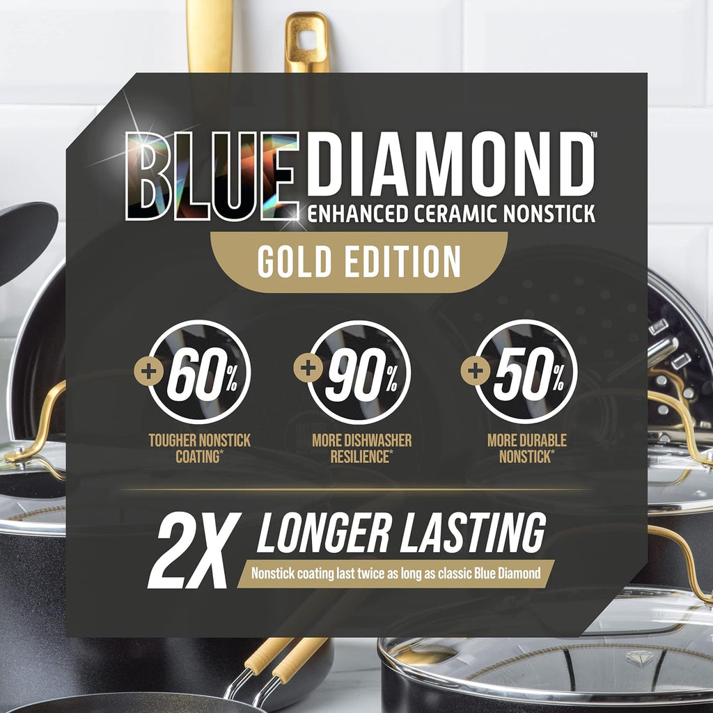 Blue Diamond Gold 10 Piece Cookware Pots and Pans Set, Induction Suitable, Diamond Infused PFAS-Free Ceramic Nonstick, Durable, Metal Utensil Safe, Dishwasher Safe, Gold Handle, Black