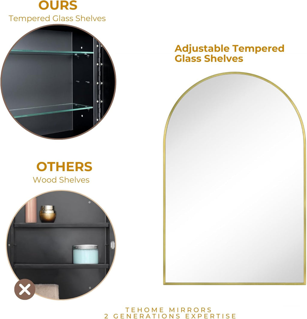 TEHOME 24 x 36'' Brushed Gold Arch Bathroom Medicine Cabinet with Mirror Recessed and Surface Mounted Medicine Cabinet Mirror