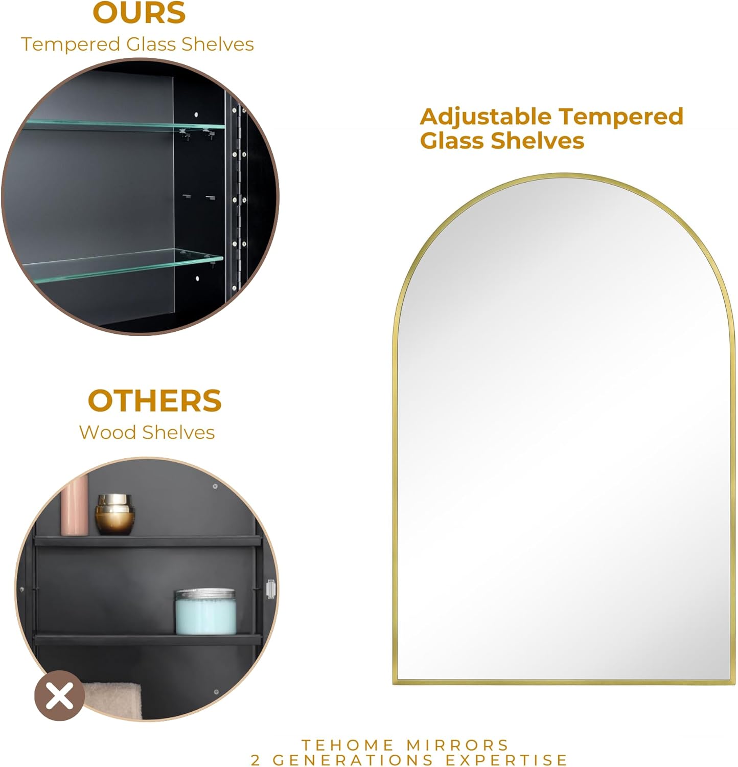 TEHOME 24 x 36'' Brushed Gold Arch Bathroom Medicine Cabinet with Mirror Recessed and Surface Mounted Medicine Cabinet Mirror