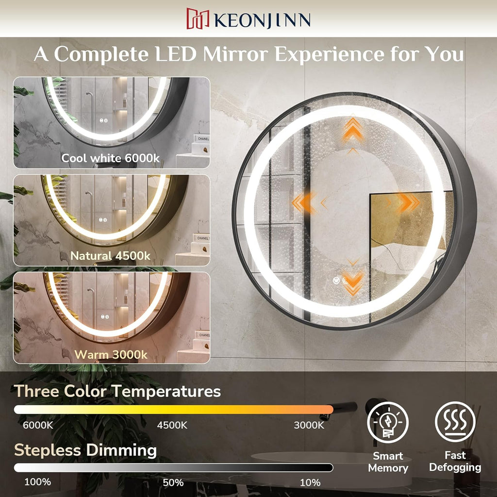 Keonjinn 30 Inch Round Lighted Medicine Cabinet, Black LED Medicine Cabinet Mirror, Circle, Electrical Outlet, 3 Color Lights, Anti-Fog, Dimmable, Surface Mount Only