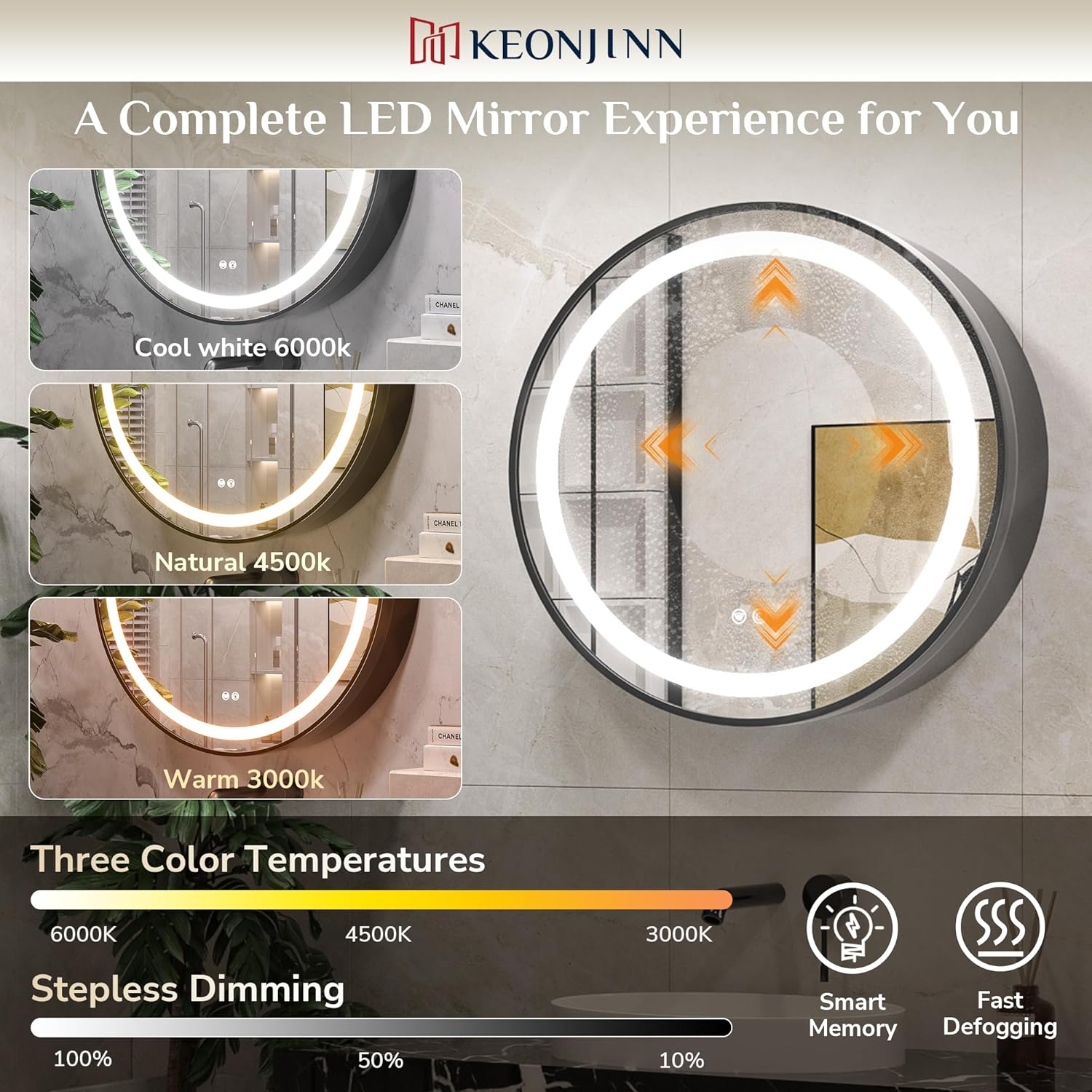 Keonjinn 30 Inch Round Lighted Medicine Cabinet, Black LED Medicine Cabinet Mirror, Circle, Electrical Outlet, 3 Color Lights, Anti-Fog, Dimmable, Surface Mount Only