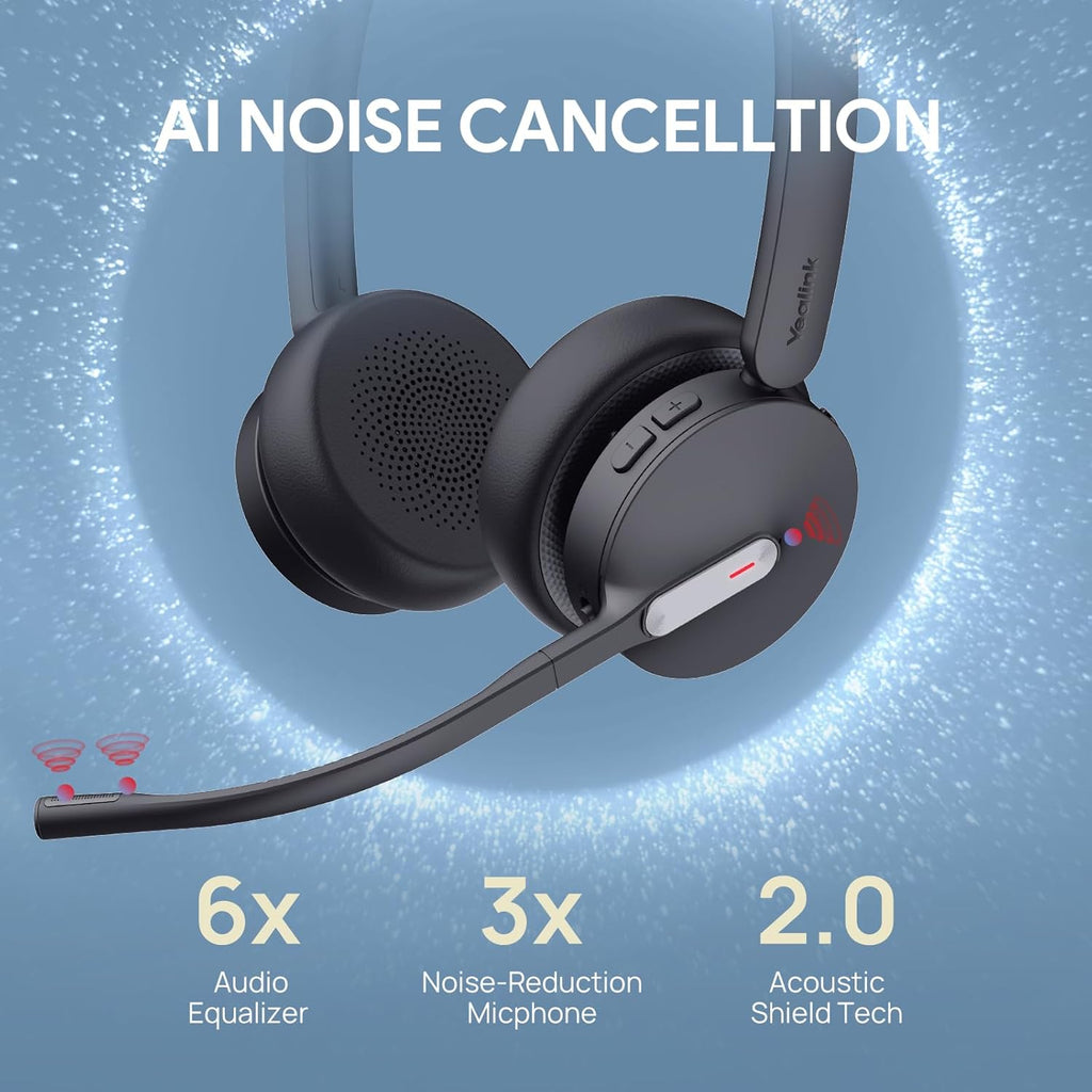 Yealink WH64 Hybrid Wireless Headset Dongle & Charging Stand, 492ft Range DECT&Bluetooth Headphones for Teams, Zoom UC,Dual Ear Noise Cancelling Portable Headsets with 3X Mic, 32H Calls,(PC/Phone)