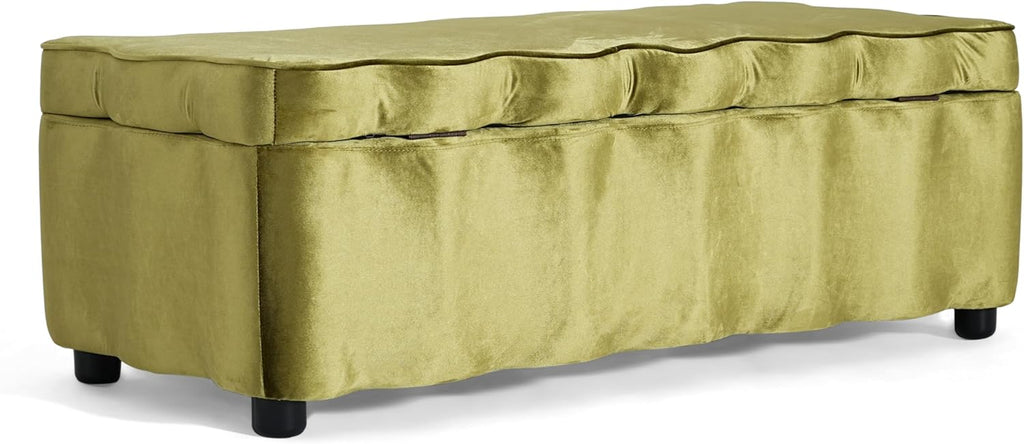 Christopher Knight Home Pean Living Room Ottoman with Storage, Velvet Upholstered Storage Ottoman Bench, Sofa Foot Stool with Wood Frame, Bedroom End of Bed Bench, Chic Scalloped Design, Olive Green