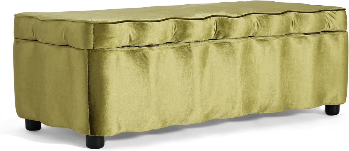 Christopher Knight Home Pean Living Room Ottoman with Storage, Velvet Upholstered Storage Ottoman Bench, Sofa Foot Stool with Wood Frame, Bedroom End of Bed Bench, Chic Scalloped Design, Olive Green